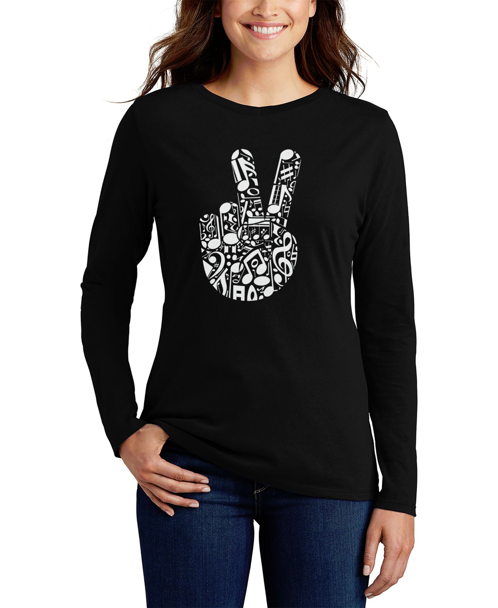 LA Pop Art Женская футболка с длинным рукавом Peace Finger Notes Word Art