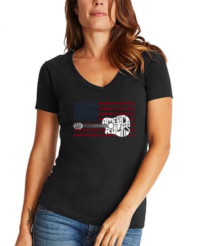 LA Pop Art Women's America Rocks Word Art V-Neck T-Shirt