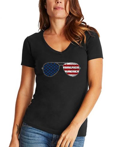 LA Pop Art Women's Americana Sunglasses Word Art V-Neck T-Shirt
