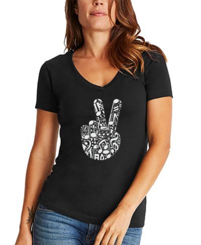 LA Pop Art Women's Peace Finger Notes Word Art V-Neck T-Shirt