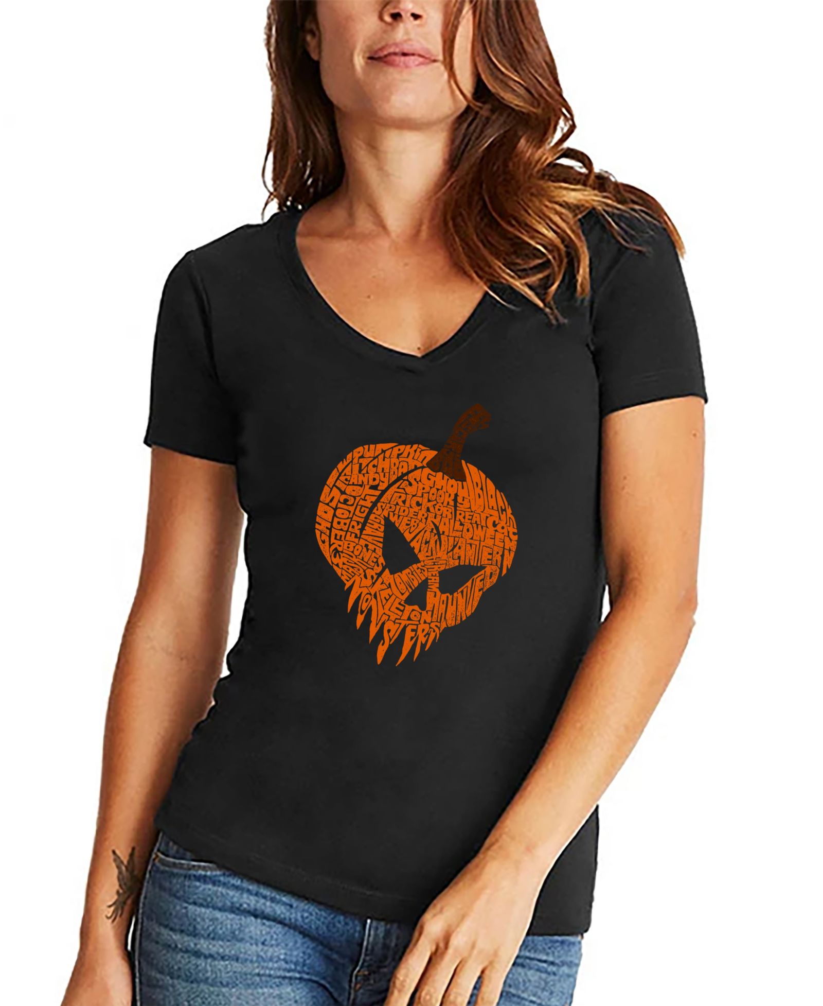 LA Pop Art Women's Evil Pumpkin Word Art V-Neck T-Shirt