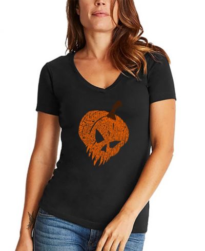 LA Pop Art Women's Evil Pumpkin Word Art V-Neck T-Shirt