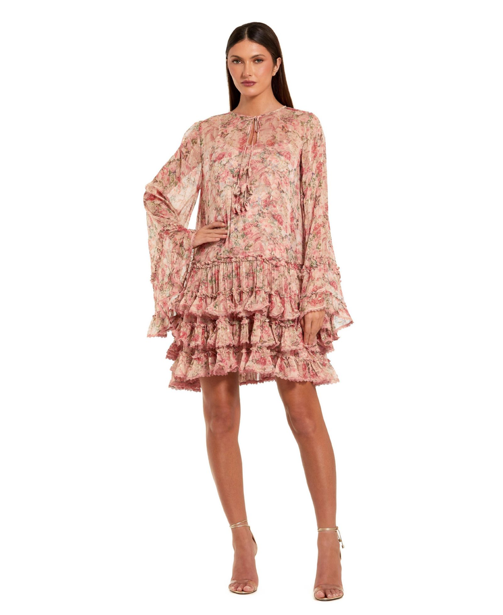 Женское мини-платье Mac Duggal Floral Long Sleeve Ruffle Viscose