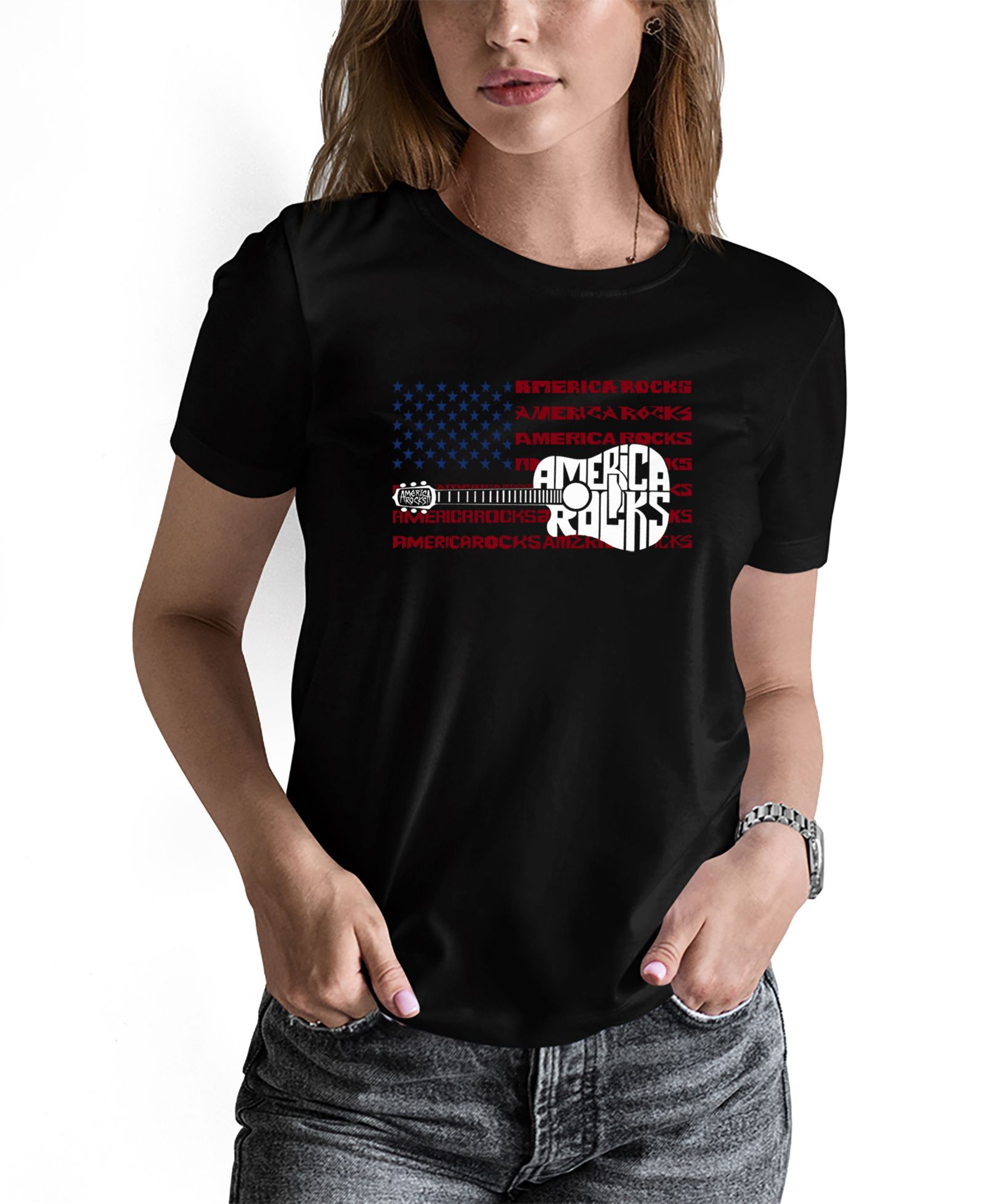 LA Pop Art Women's America Rocks Word Art Long-Sleeve T-Shirt