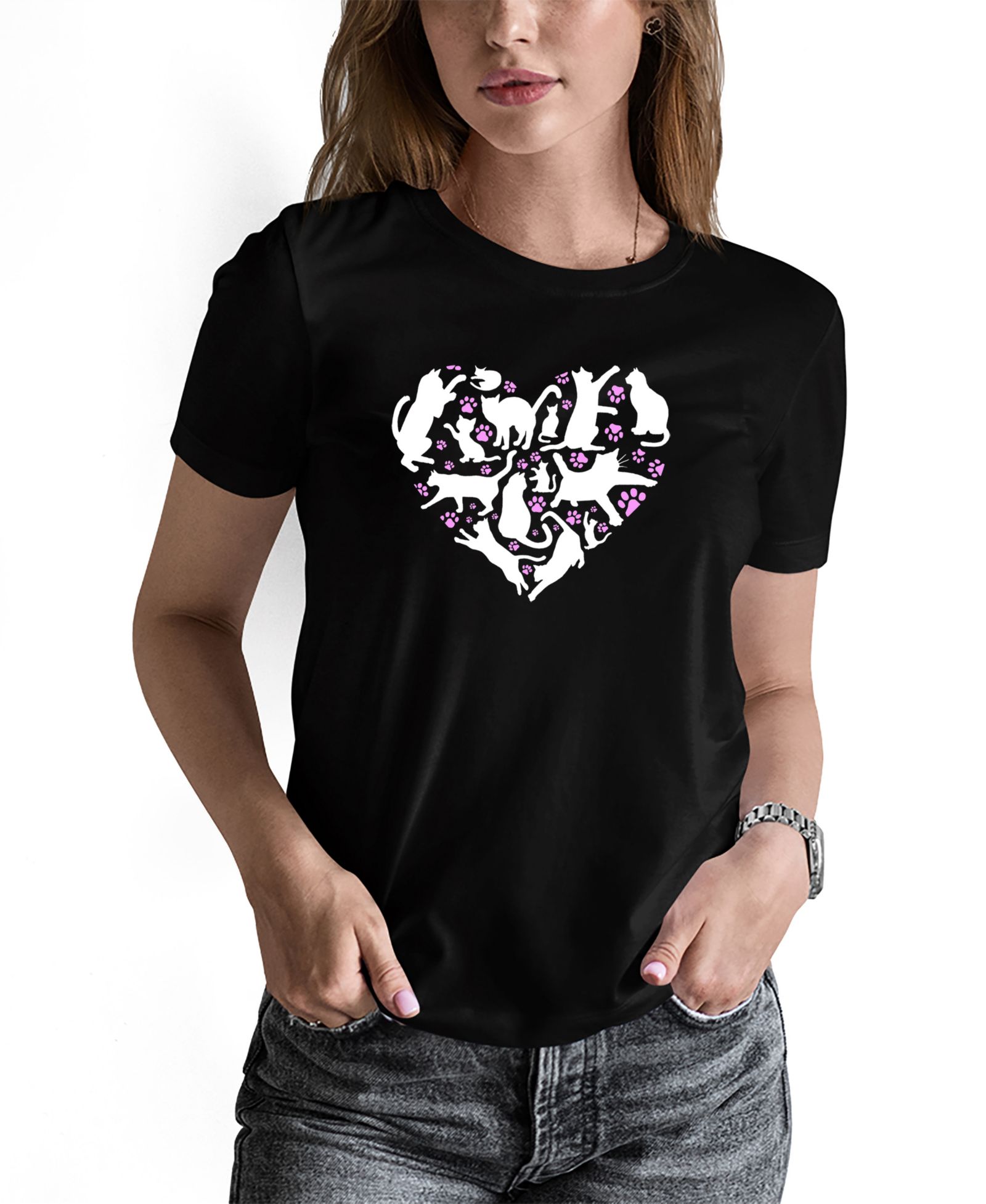 LA Pop Art Women's Cat Heart Word Art Long-Sleeve T-Shirt
