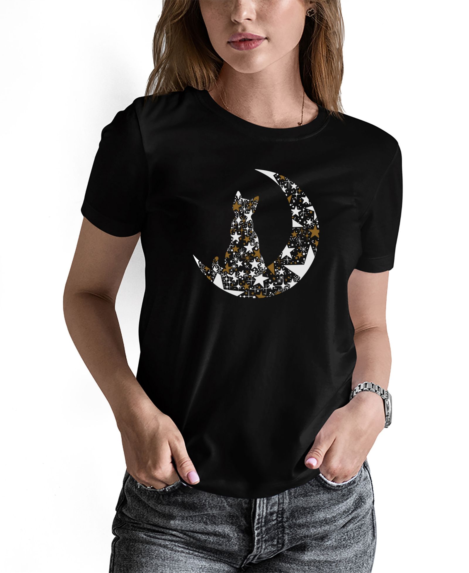 Женская футболка с длинным рукавом LA Pop Art Cat Sitting On Moon