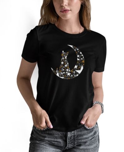LA Pop Art Women's Cat Sitting On Moon Word Art Long-Sleeve T-Shirt