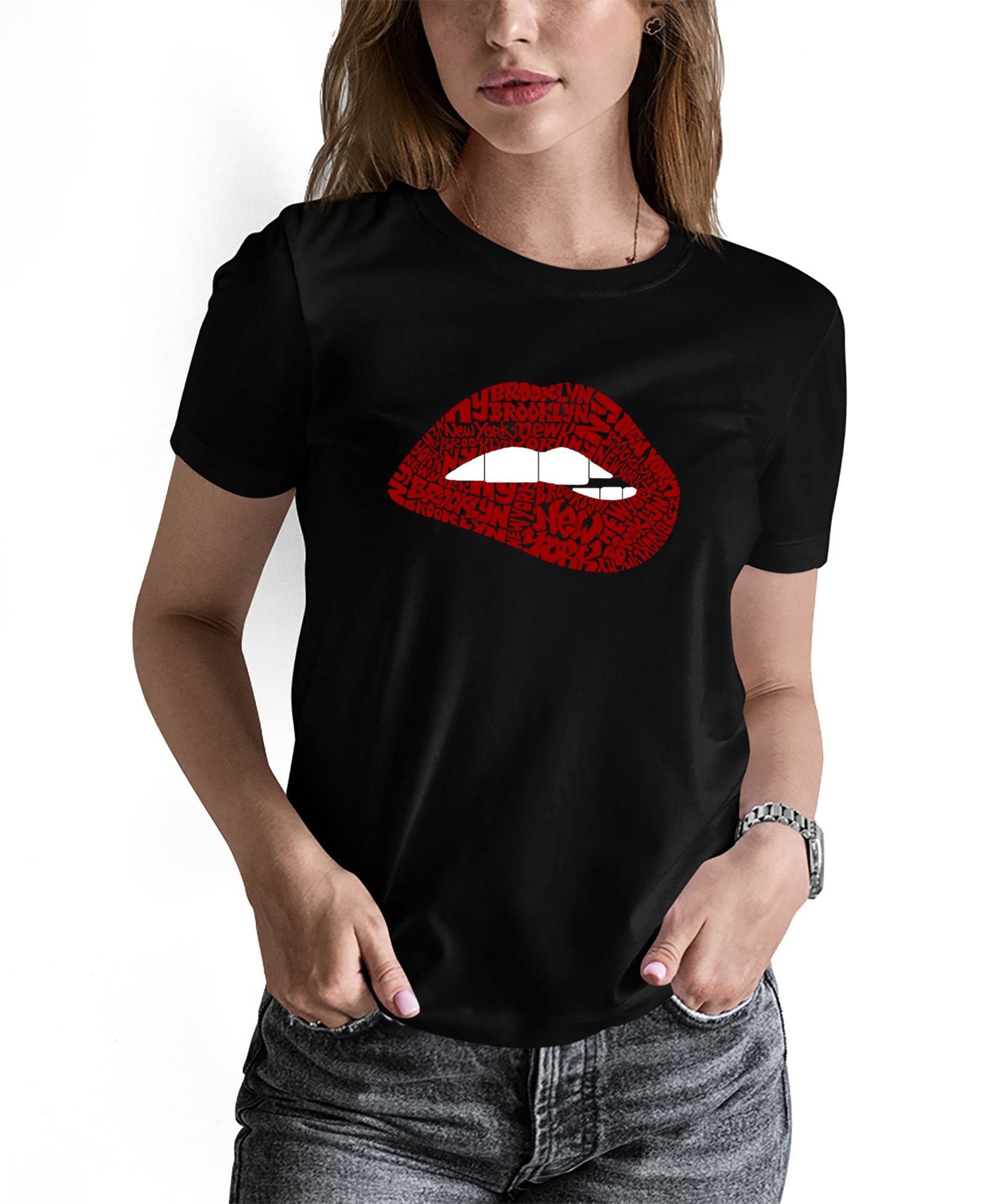 LA Pop Art Women's Brooklyn Lips Word Art Long-Sleeve T-Shirt