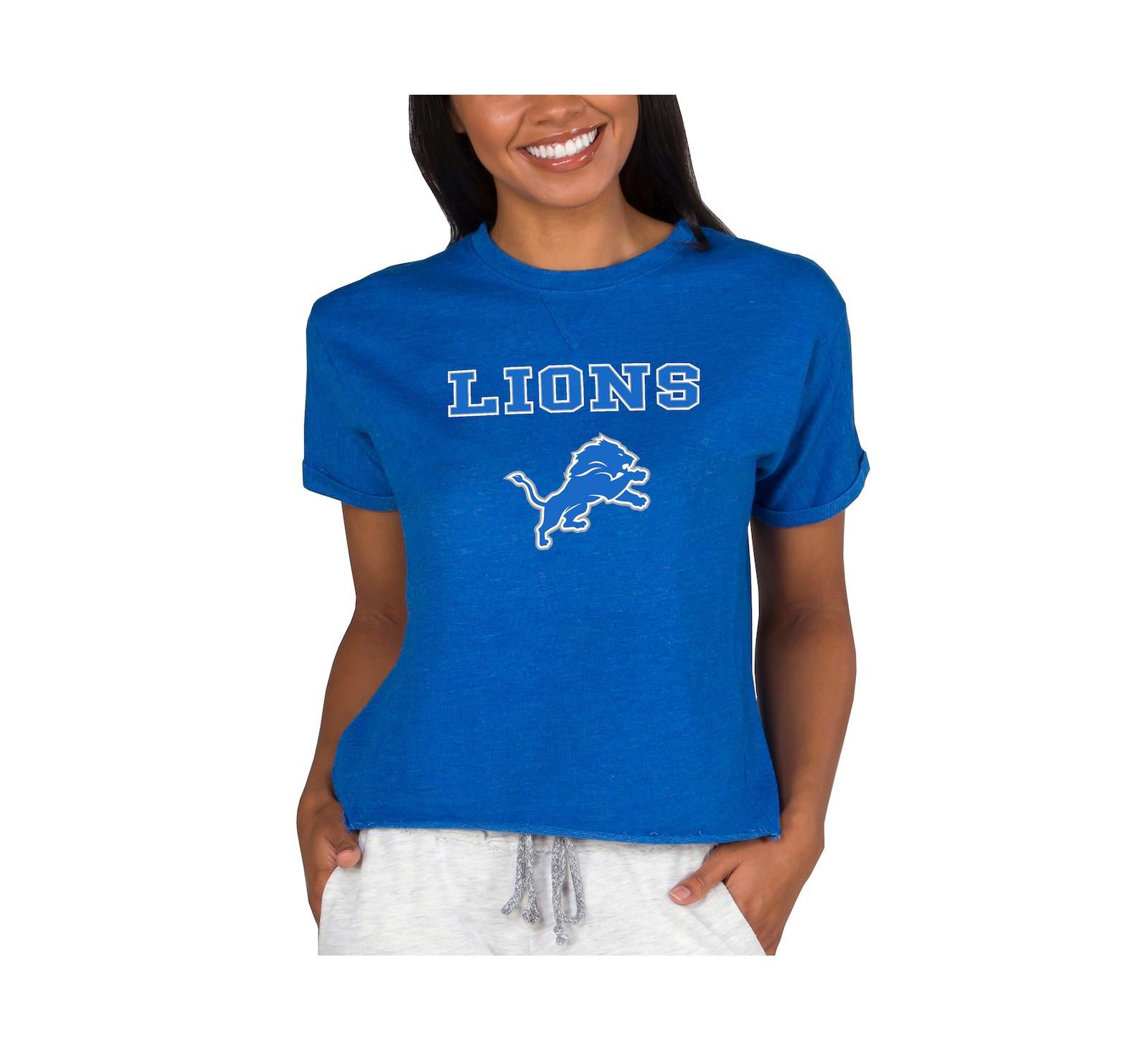 Женская синяя толстовка Detroit Lions Tri-Blend Mainstream Terry с коротким рукавом