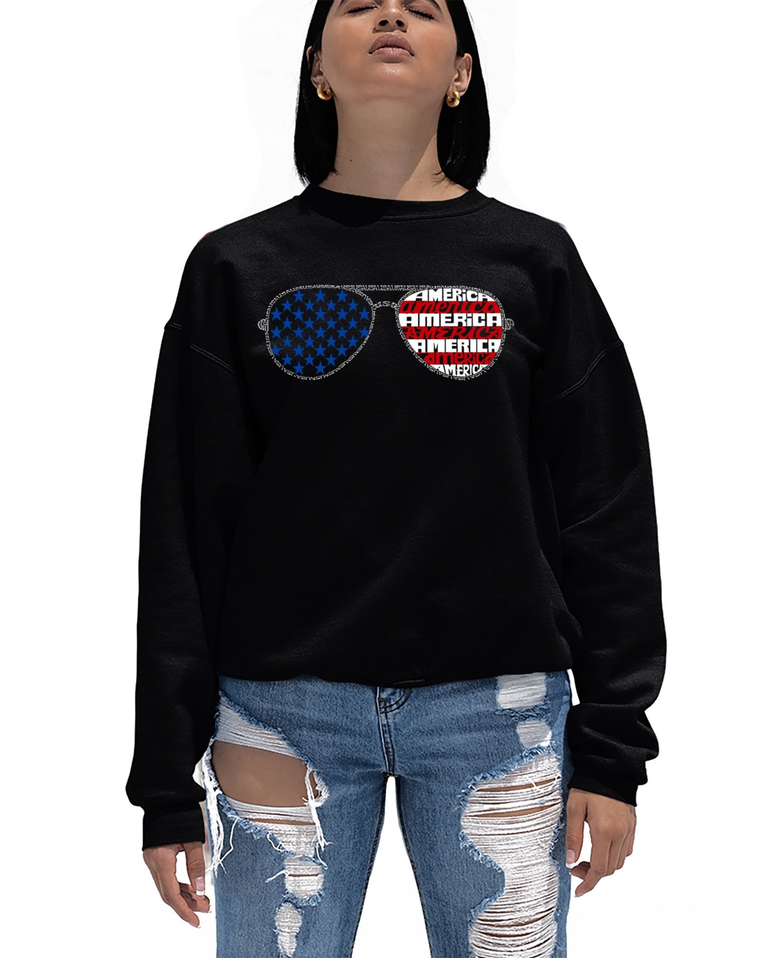 LA Pop Art Women's Americana Sunglasses Word Art Crew Neck Sweatshirt