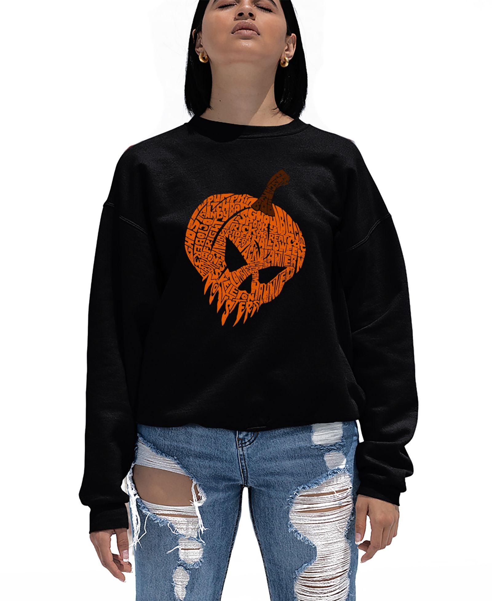 LA Pop Art Women's Evil Pumpkin Word Art Crew Neck Sweatshirt