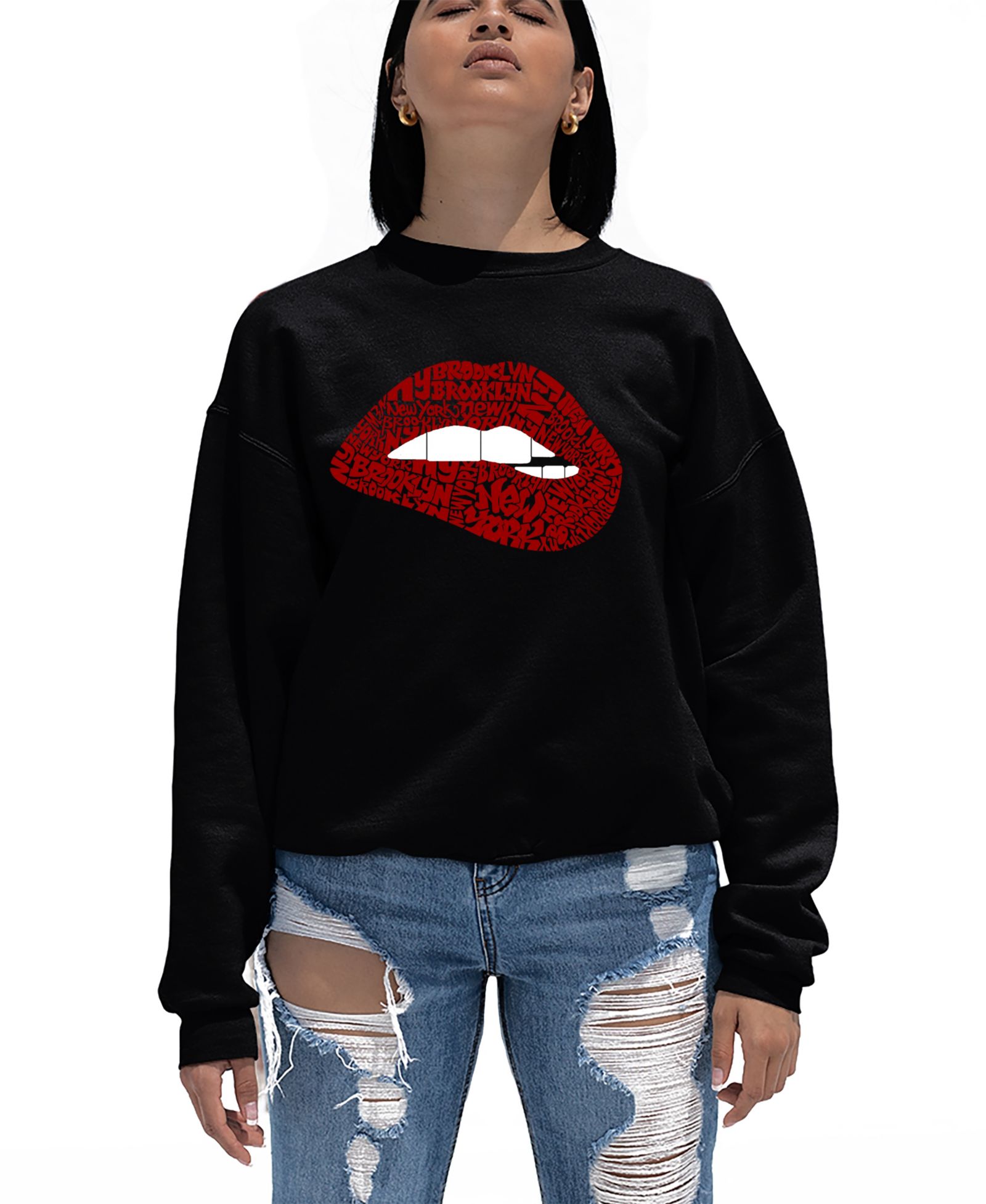 LA Pop Art Women's Brooklyn Lips Word Art Crew Neck Sweatshirt