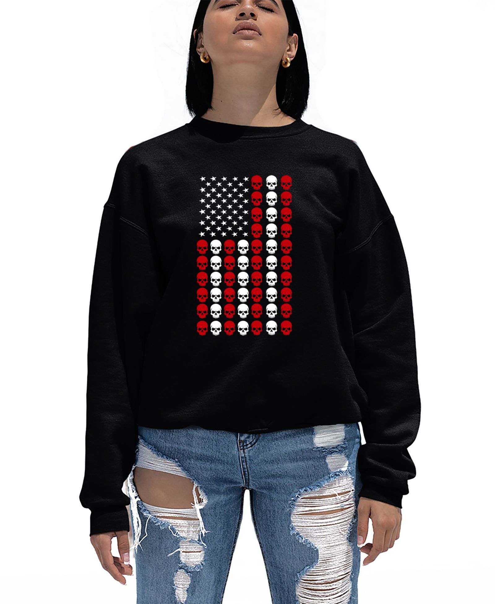 LA Pop Art Women's Skull Flag Word Art Crew Neck Sweatshirt