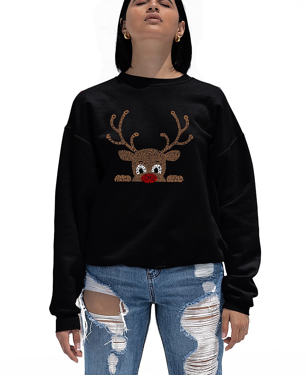 LA Pop Art Women's Peeking Reindeer Word Art Crew Neck Sweatshirt