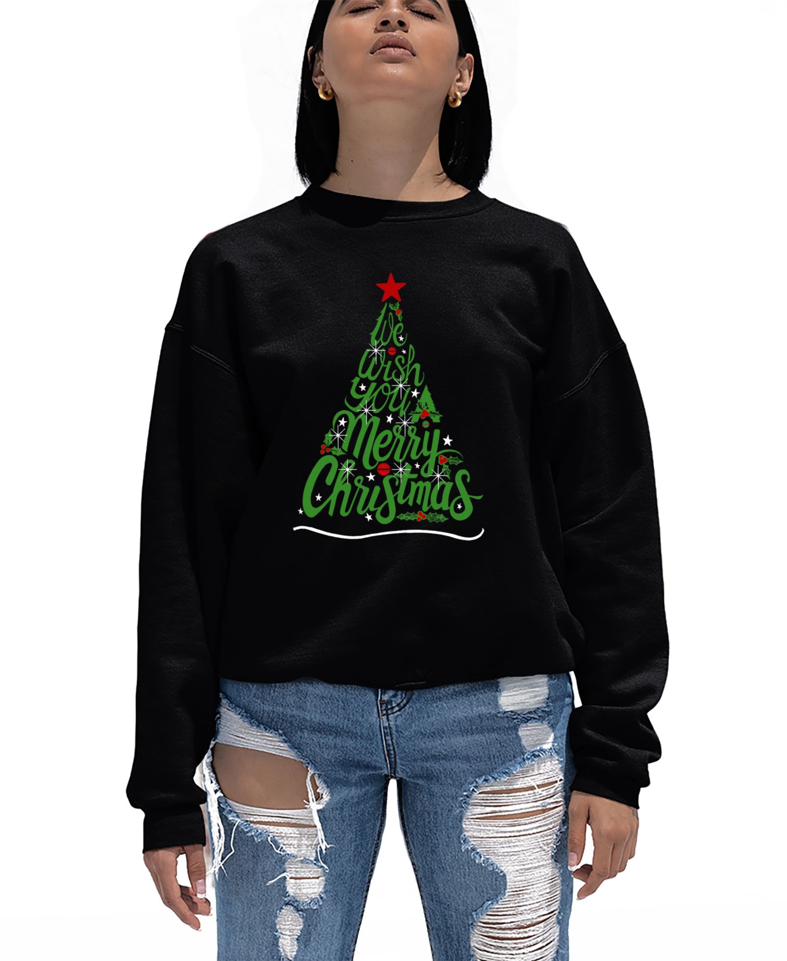 LA Pop Art Women's We Wish You A Merry Christmas Word Art Crew Neck Sweatshirt