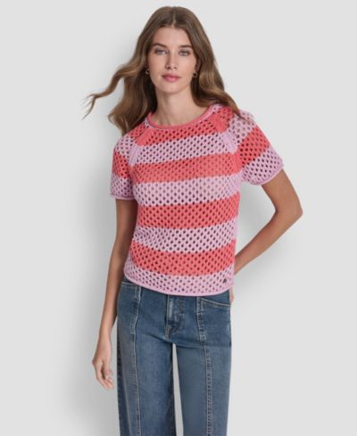 DKNY Jeans Women's Short-Sleeve Raglan Stripe Pointelle Pull-On Sweater
