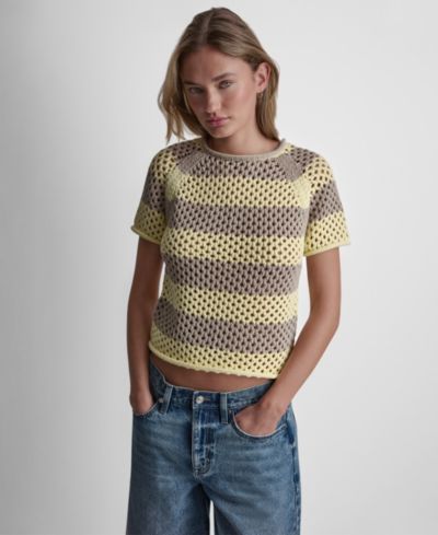 DKNY Jeans Women's Short-Sleeve Raglan Stripe Pointelle Pull-On Sweater