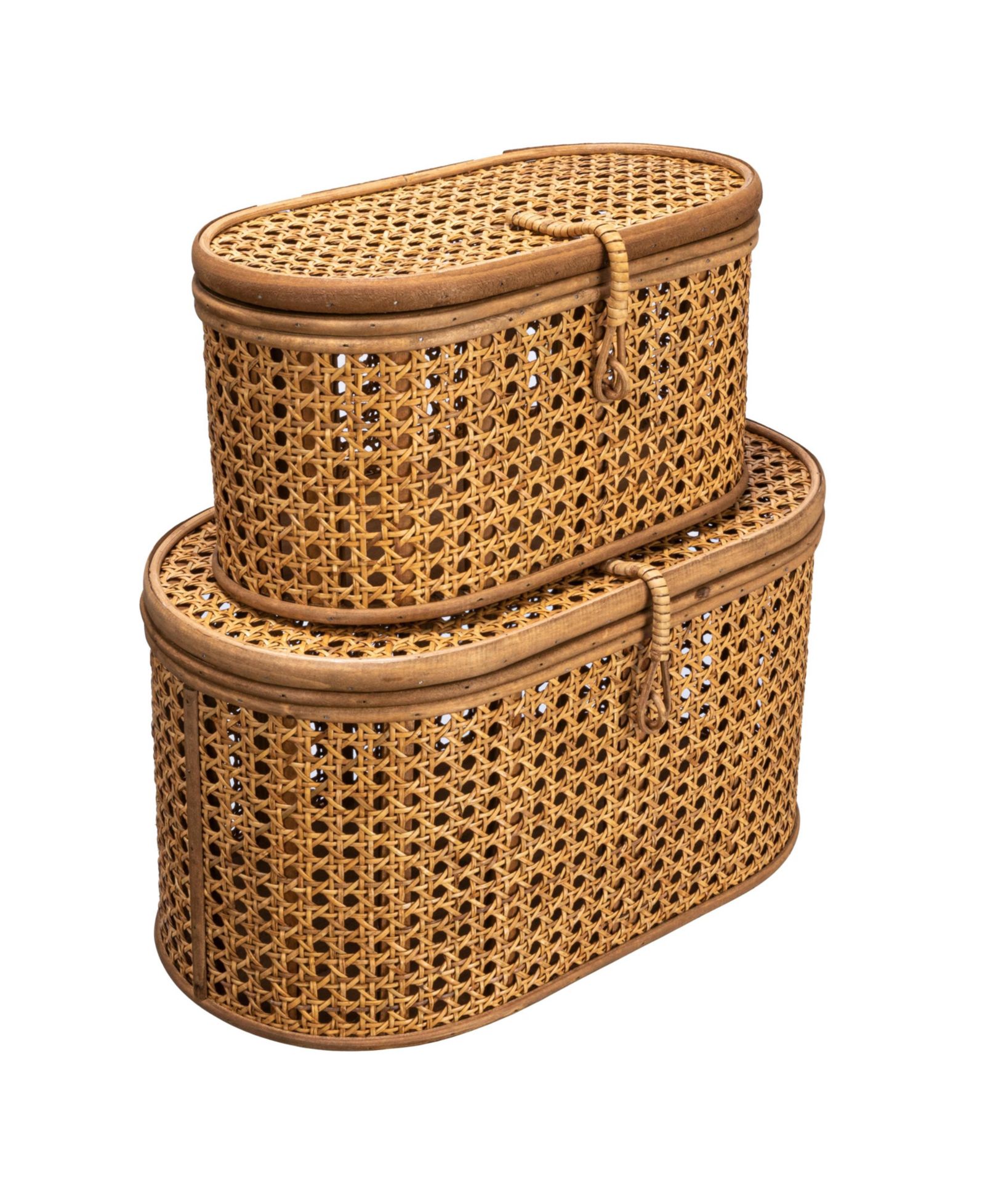 Storied Home Modern Decorative Oval Woven Rattan Storage Boxes, Set of 2 Sizes, Dark Brown Finish