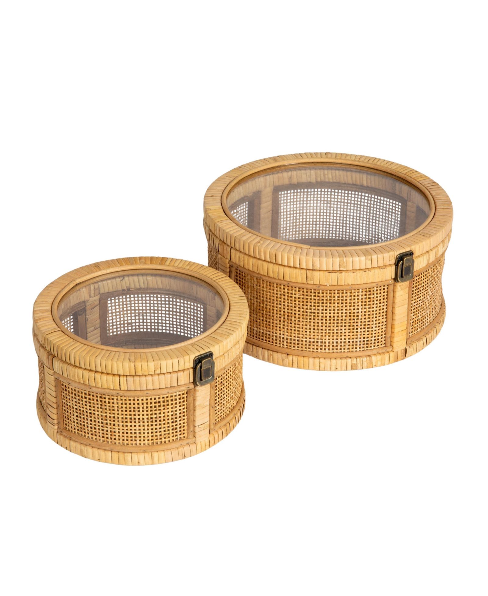 Storied Home Rattan and Bamboo Nestable Round Storage with Glass Lids, Set of 2