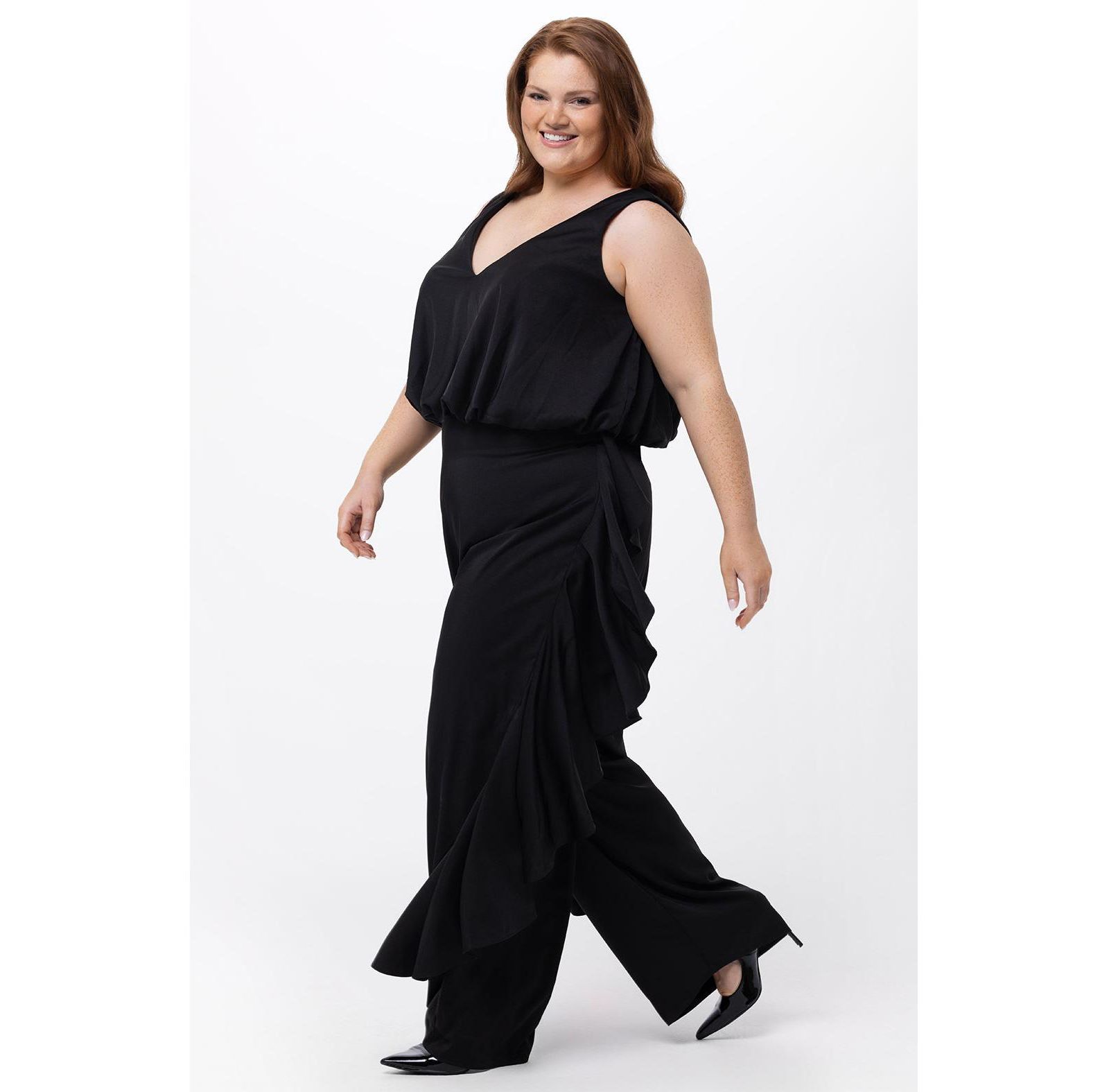 Celebrations by Sydney's Closet Women's V-Neck Stretch Satin Jumpsuit with Ruffles