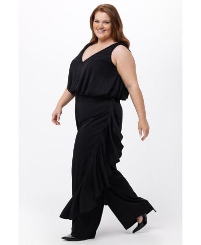 Celebrations by Sydney's Closet Women's V-Neck Stretch Satin Jumpsuit with Ruffles