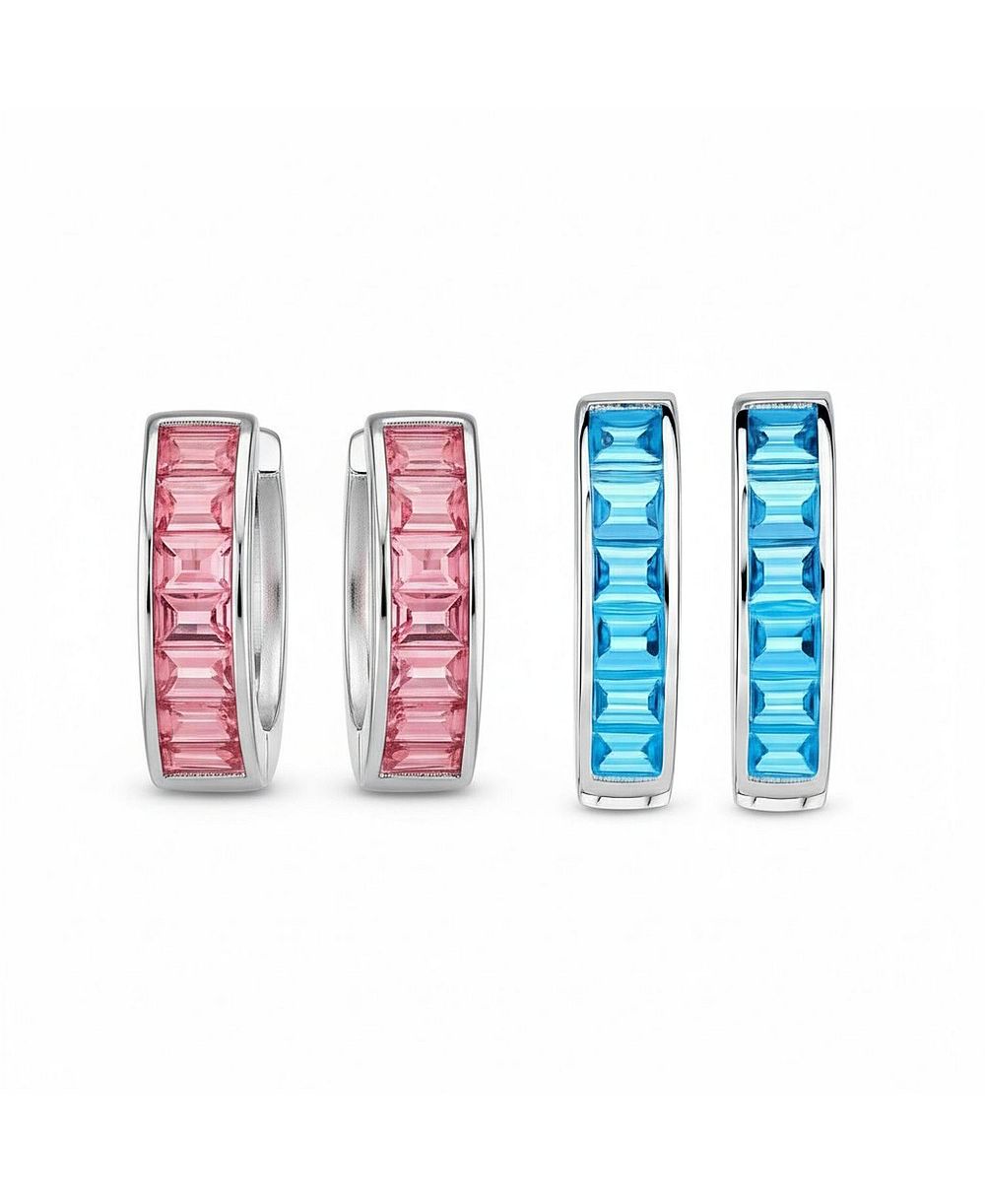Серьги-кольца Bling Jewelry Baguette Cut Channel Set Blue and Pink CZ Sterling Silver 2-Set