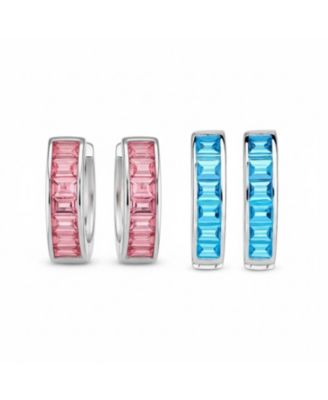 Серьги-кольца Bling Jewelry Baguette Cut Channel Set Blue and Pink CZ Sterling Silver 2-Set