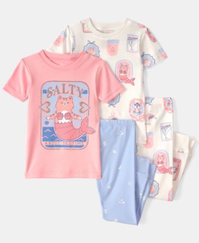 Carter's Girls' Toddler 2T-5T Mermaid Cat Print Top and Pajama Pants, 4-Piece Set