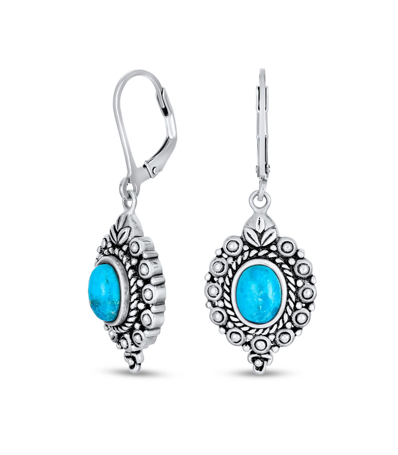 Серьги Bling Jewelry в западном стиле с овальной филигранью, натуральным голубым бирюзовым камнем, подвесками и застежкой lever back из черненого стерлингового серебра