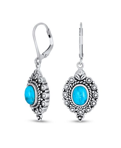 Bling Jewelry Western Style Oval Filigree Blue Natural Turquoise Dangle Drop Earrings Lever Back Oxidized Sterling Silver