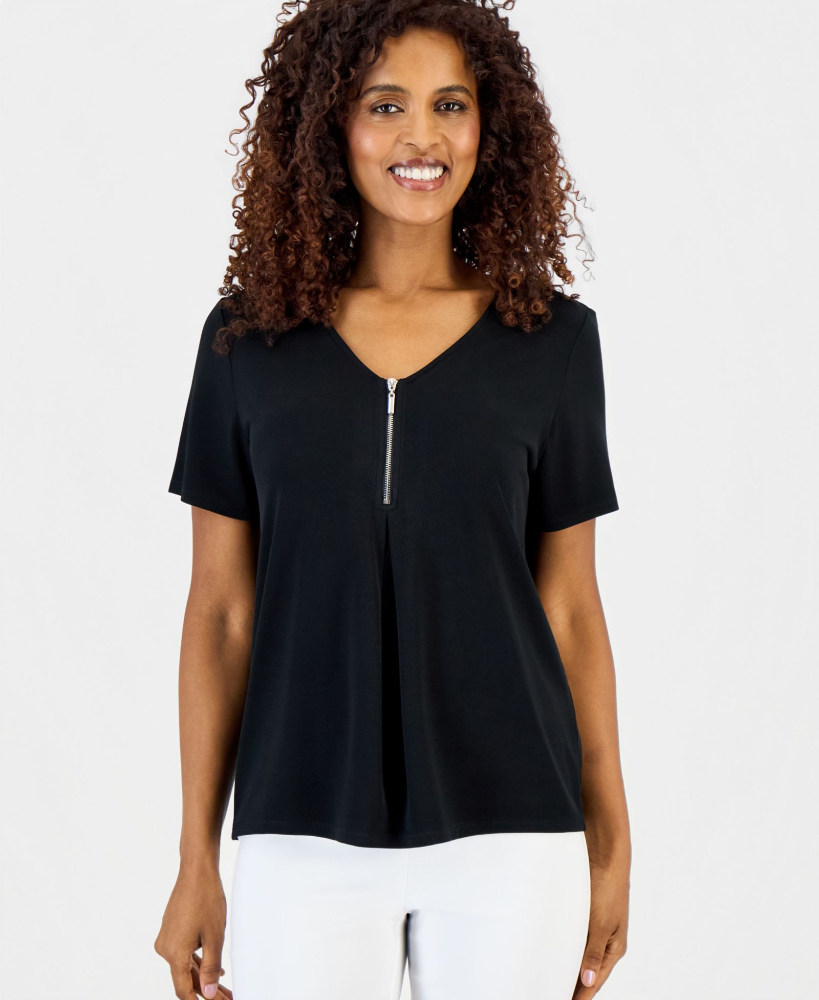 Женский топ JM Collection V-Neck Front-Zip Pleated