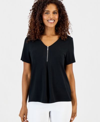 Женский топ JM Collection V-Neck Front-Zip Pleated