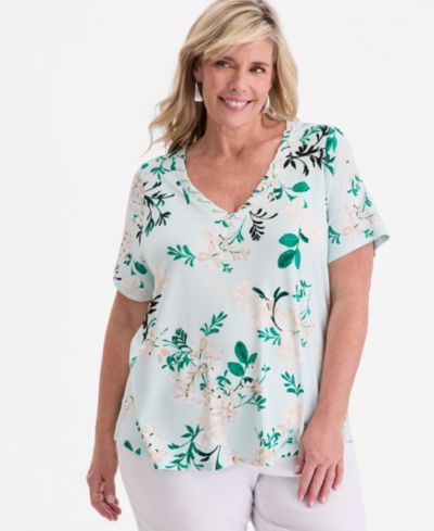 JM Collection Plus Size Reve Garden V-Neck Lace-Up T-Shirt, Macy's Exclusive