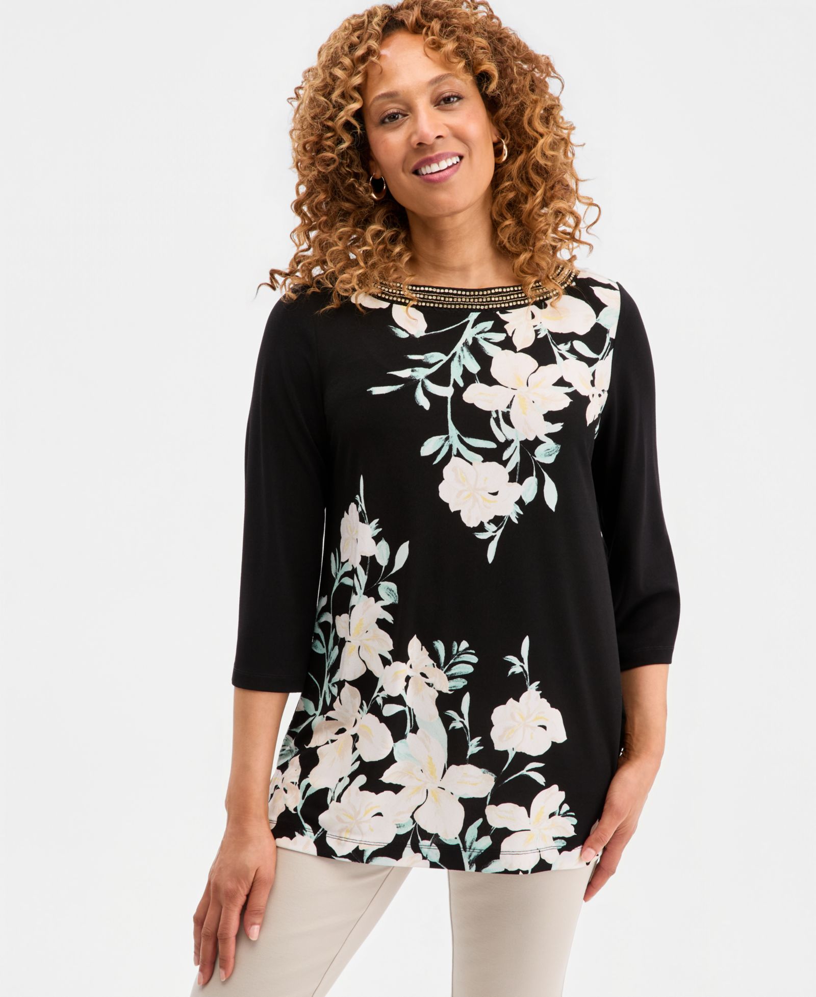 JM Collection Women's Printed Embellished 3/4-Sleeve Boat-Neck Top, Macy's Exclusive