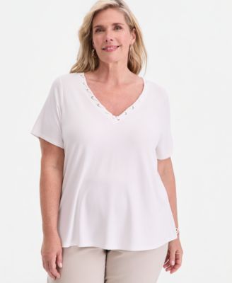 JM Collection Plus Size Lace-Up V-Neck T-Shirt, Macy's Exclusive