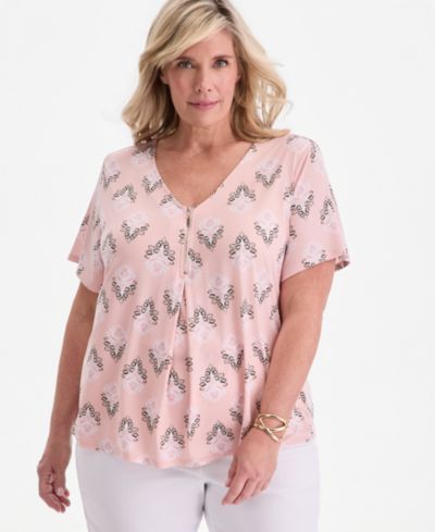 Женский топ JM Collection Plus Size Large Floret с молнией и V-образным вырезом