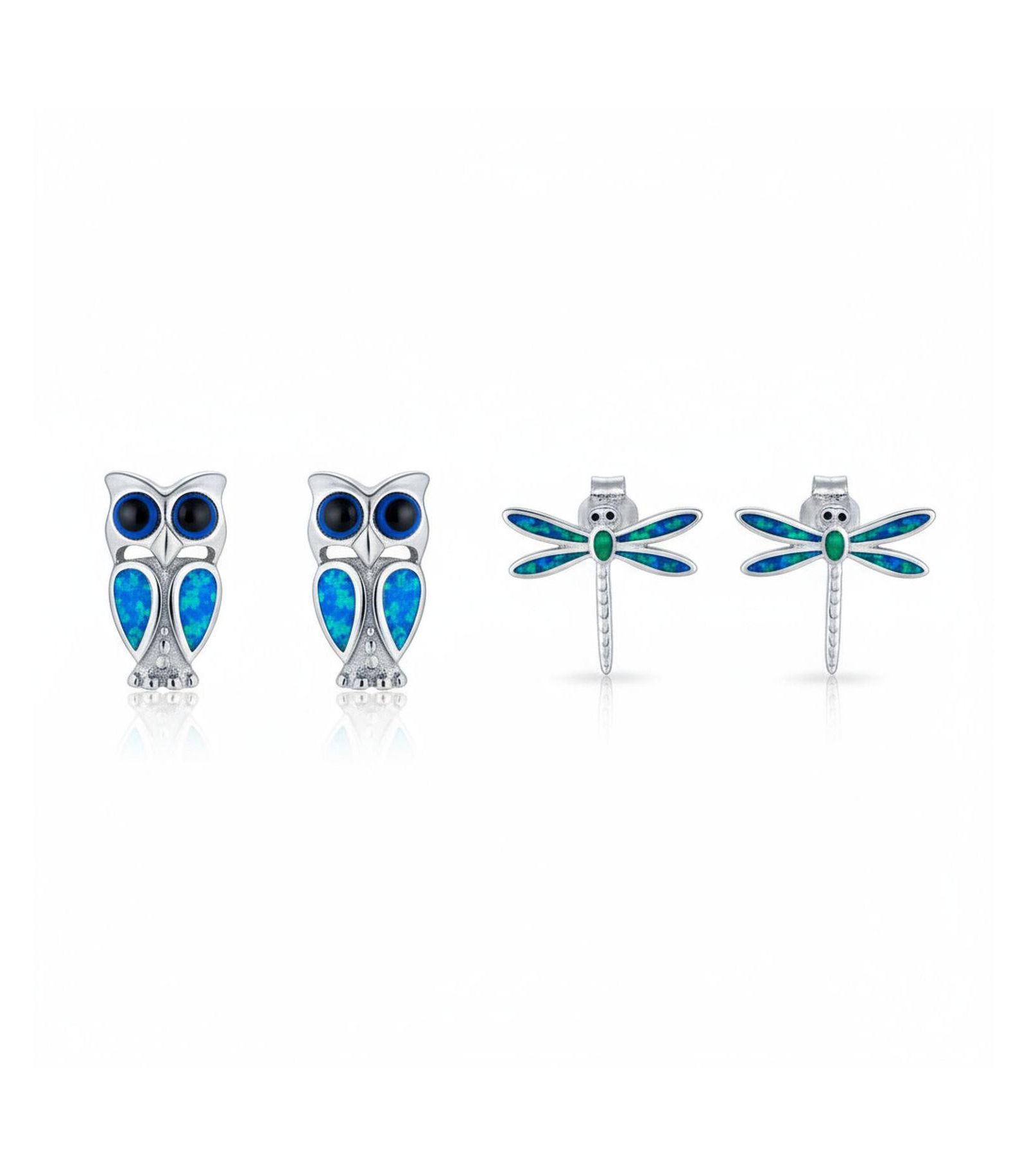 Bling Jewelry Opal Dragonfly and Owl Stud Earrings Set