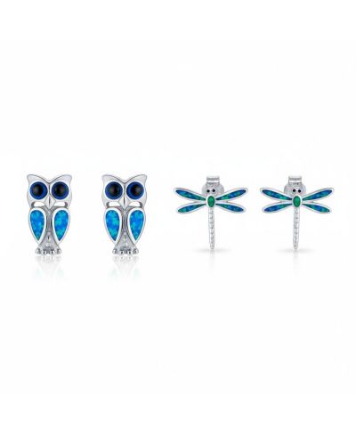 Bling Jewelry Opal Dragonfly and Owl Stud Earrings Set