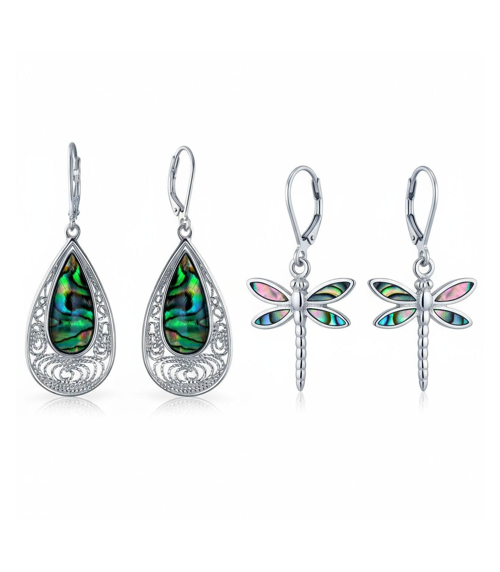 Bling Jewelry Butterfly Dragonfly Firefly & Filigree Teardrop Abalone Shell Dangle Earrings