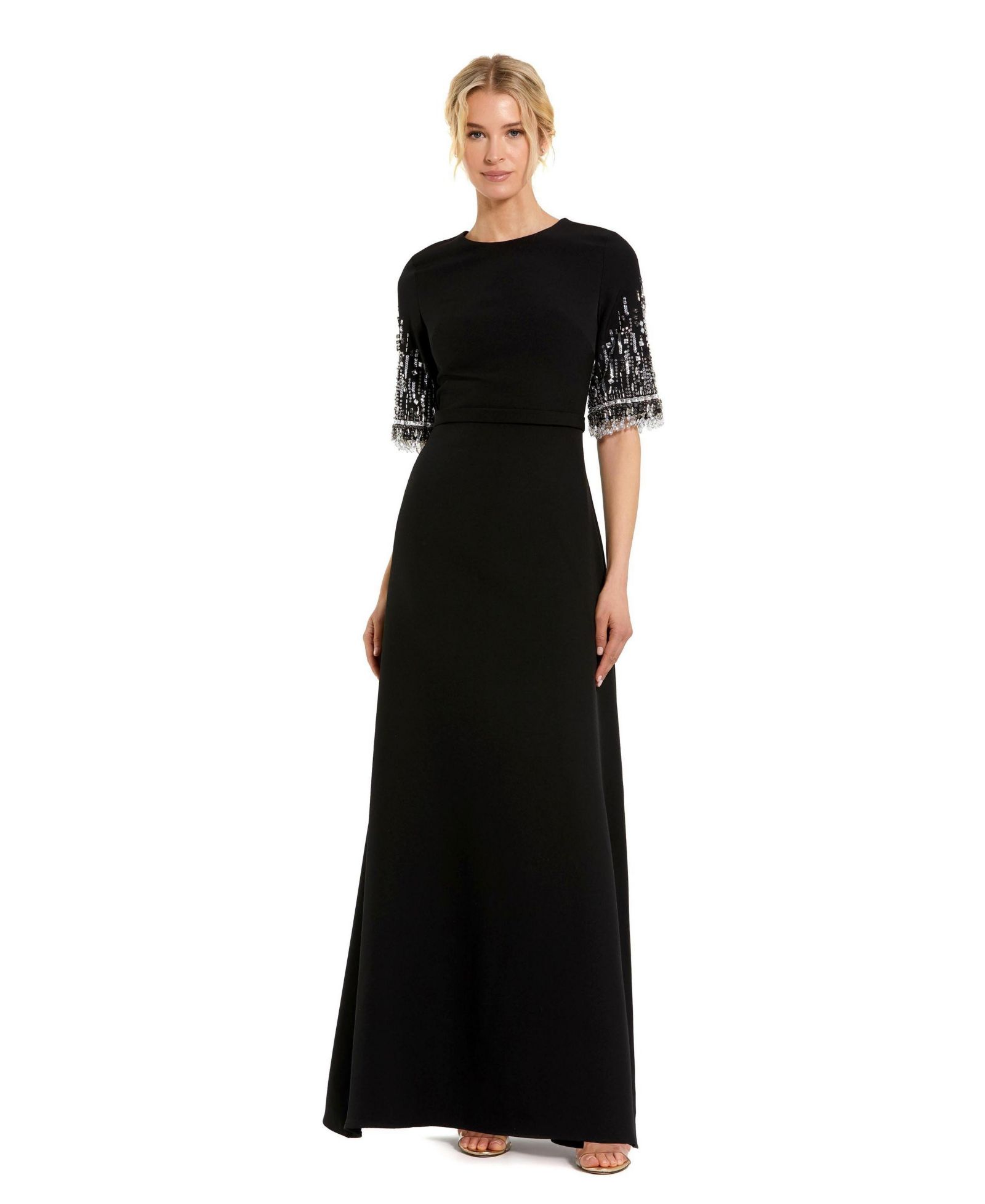 Женское вечернее платье Mac Duggal Beaded 3/4 Sleeves Crepe A Line Gown