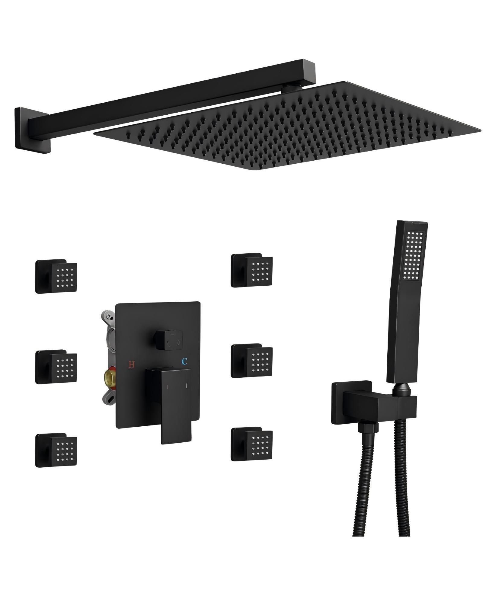 Душевая головка Greenspring 3-Spray Wall Mount 2.5 GPM 12 in. Fixed and Handheld с 6-струями Matte Black