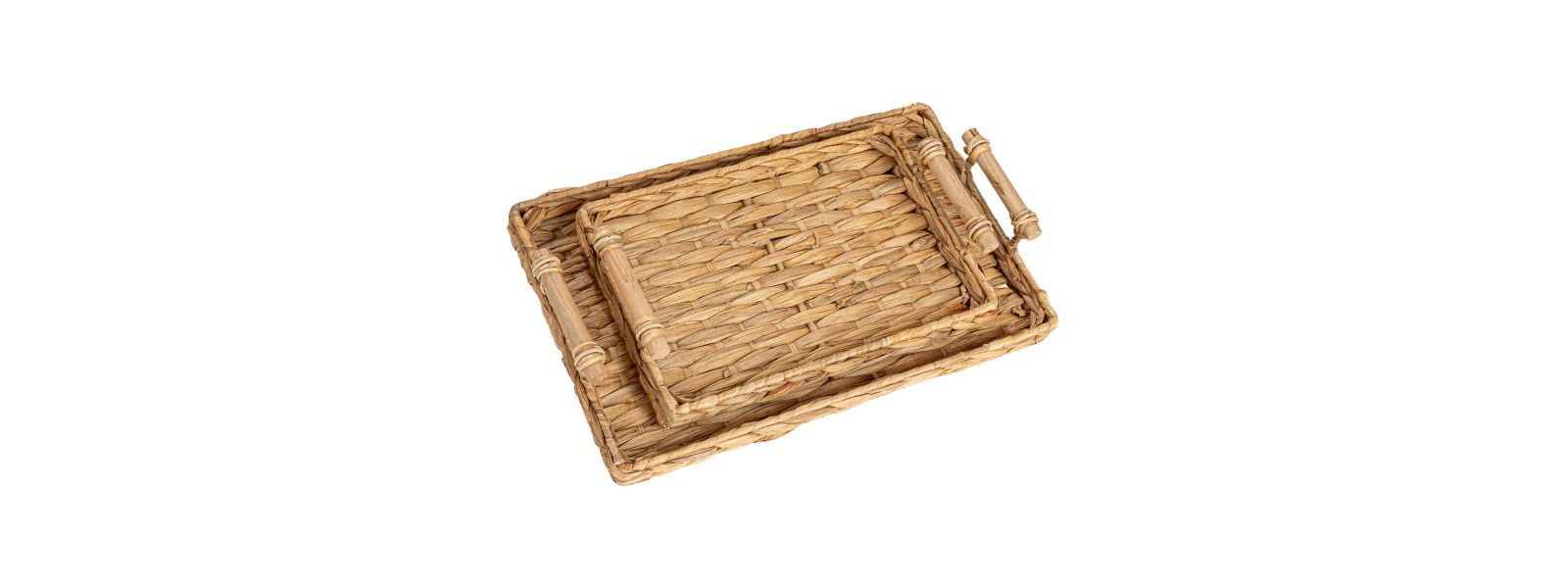 Household Essentials Handwoven Seagrass Rectangular Tray Set with Wood Handles, Natural, Set of 2