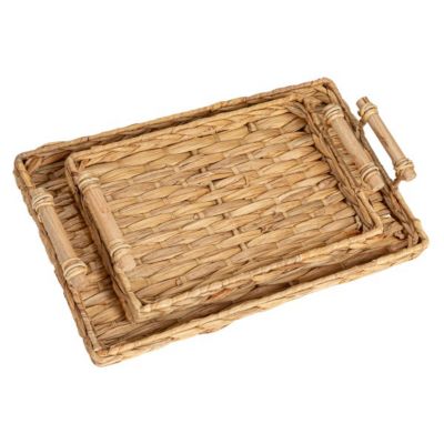 Household Essentials Handwoven Seagrass Rectangular Tray Set with Wood Handles, Natural, Set of 2