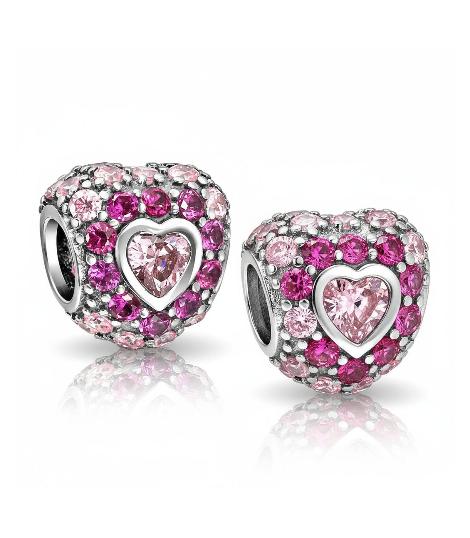 Bling Jewelry Pave Pink Heart Girlfriend Charm Bead for Bracelet Sterling Silver 2 Set
