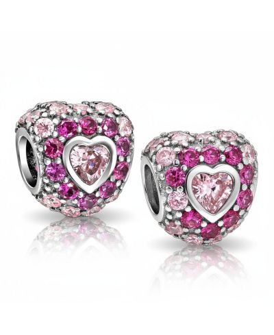 Подвеска Bling Jewelry Sterling Silver Hot Pink Fuchsia Cubic Zirconia CZ Pave Heart Charm Bead