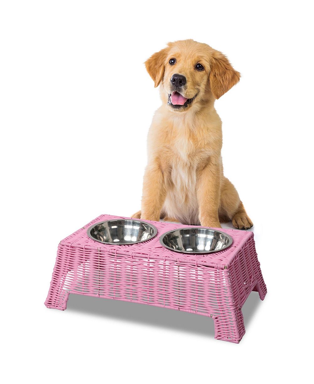 THE LICKER STORE Serenity 6.9" Small/Medium Elevated Wicker Pet Feeder with 18oz (2.2 Cups) 2-Stainless Steel Bowls