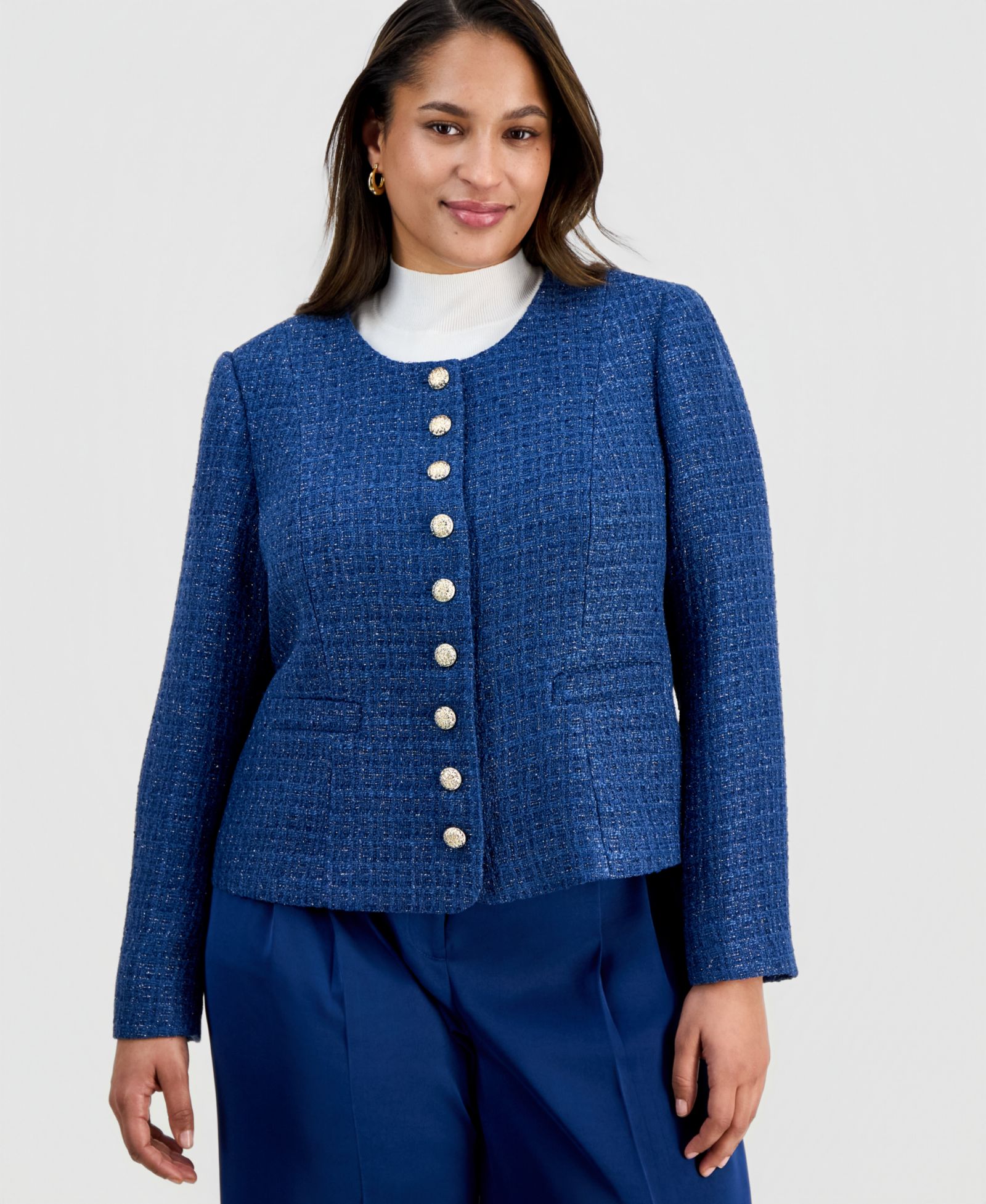 Tahari ASL Plus Button-Front Boucle Jacket
