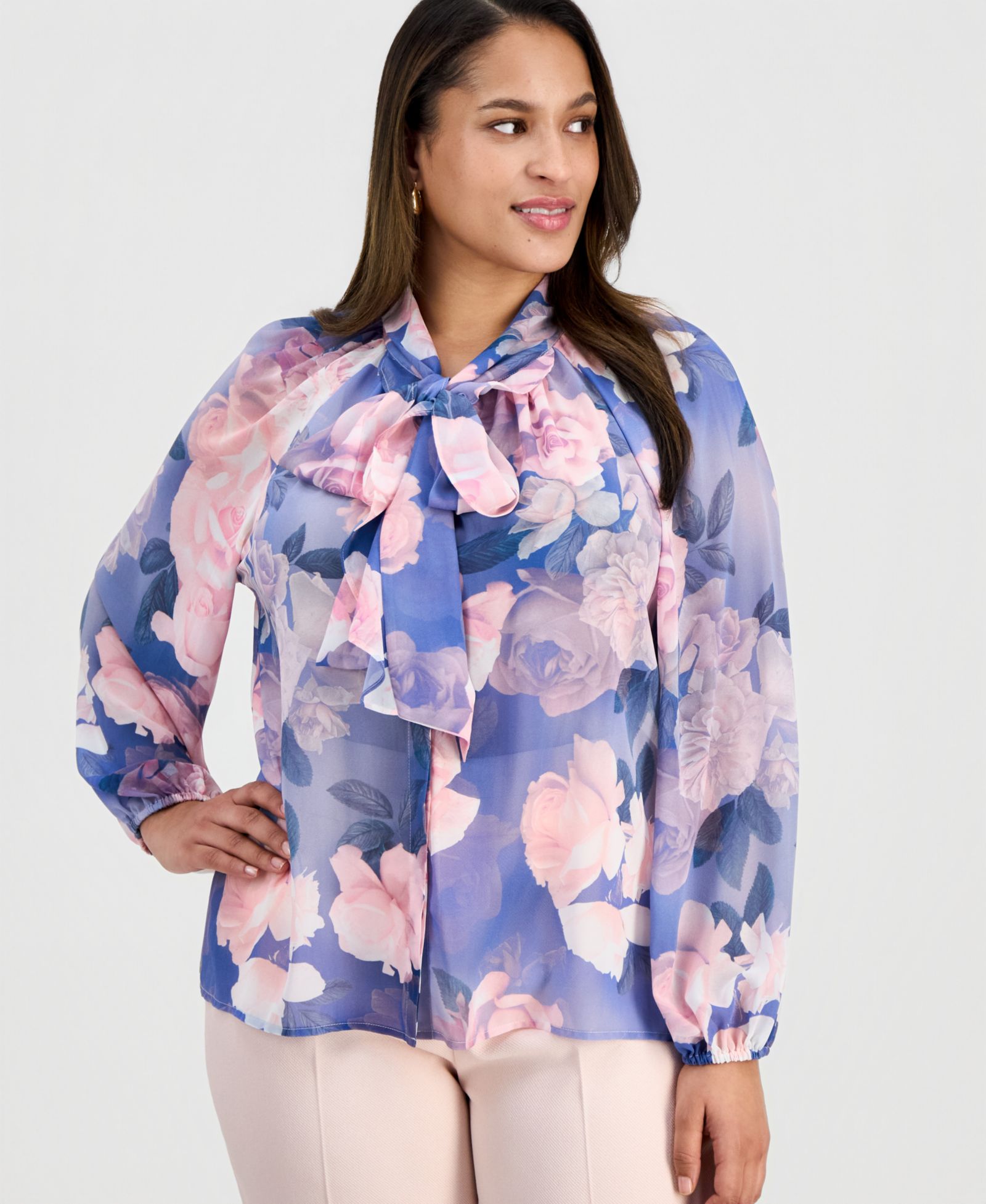 Tahari ASL Plus Tie-Neck Blouson-Sleeve Blouse