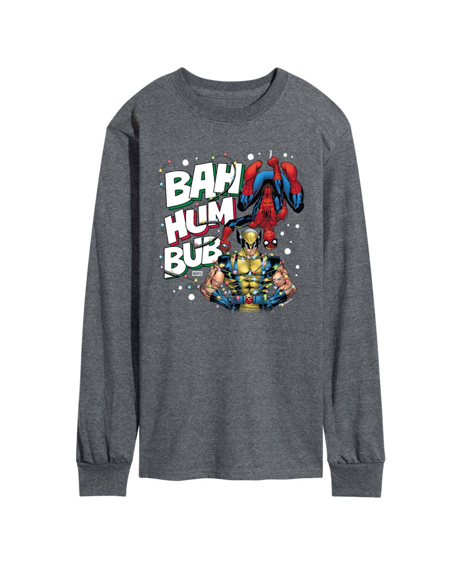 AIRWAVES Men's Marvel Bah Hum Bub Wolverine and Spider-Man Graphic Long-Sleeve T-Shirt