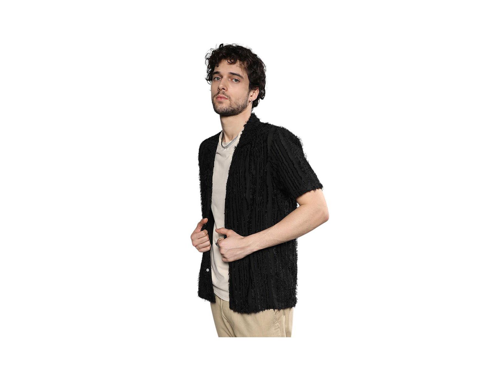 Campus Sutra Men's Jet Black Fleece Striped Shirt